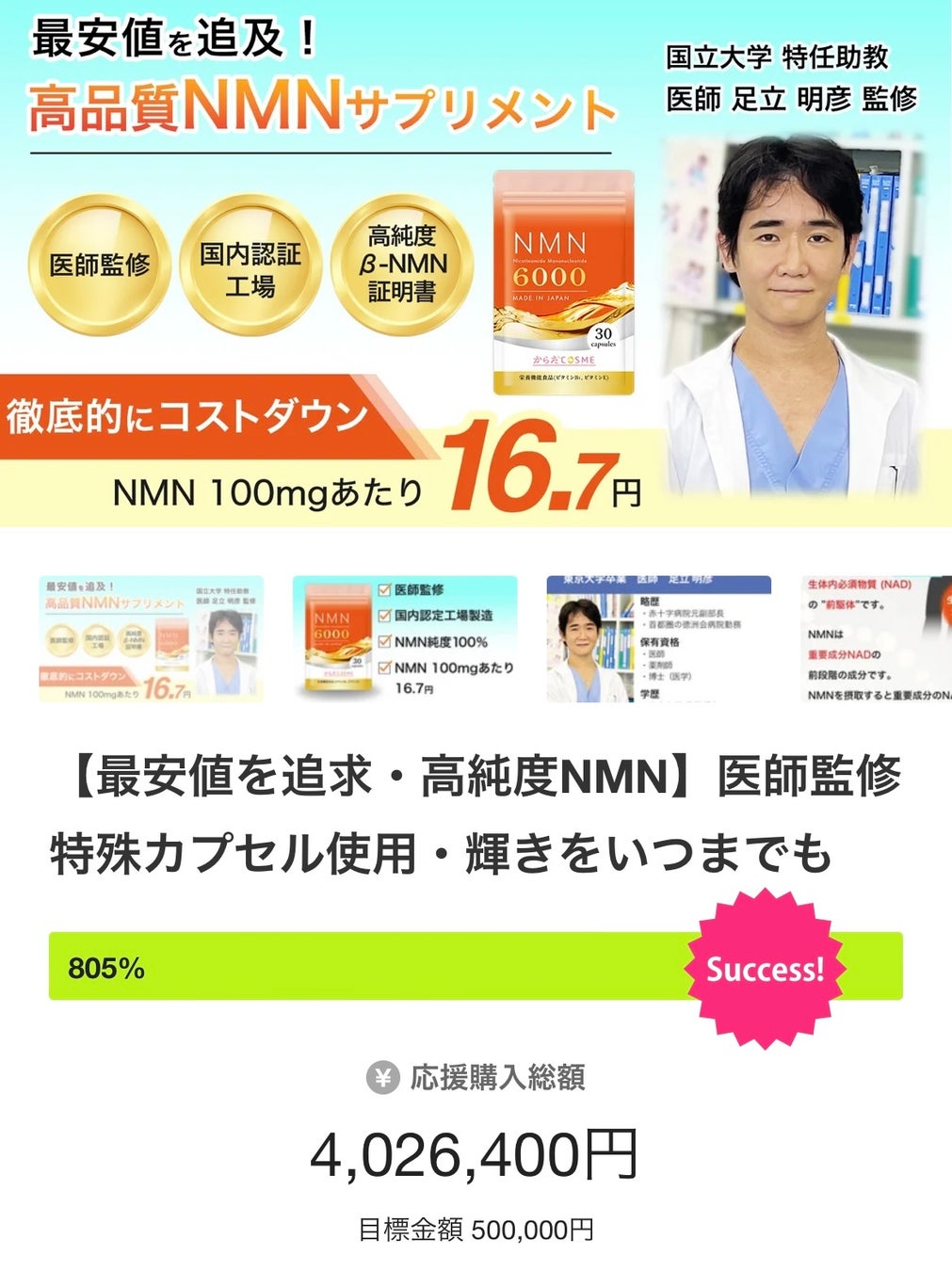 LAIQがNMNサプリメント「NMN6000」をMakuakeで発表、クラウドファンディング目標金額800％達成で注目集める